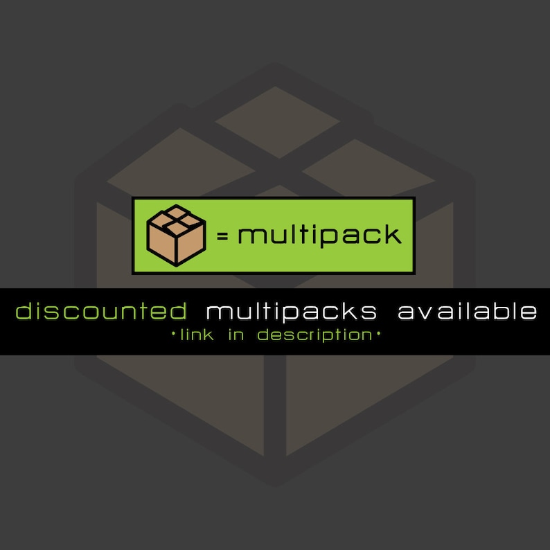 May include: A green box with a brown box inside and the text "= multipack" on a gray background. The text "discounted multipacks available" is below the box. The text "*link in description*" is below the text.