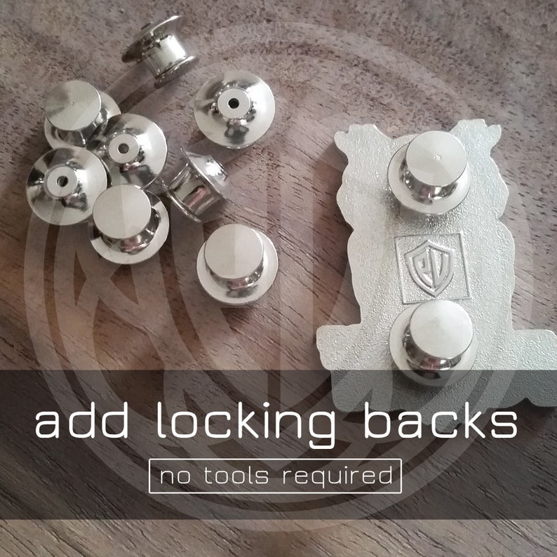 May include: Silver metal pin backs with a locking mechanism.  The pin backs are designed to be easy to use and require no tools to attach.  Add locking backs to your pins for a secure and professional look.  "add locking backs no tools required"