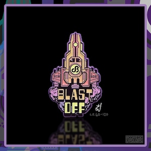 May include: A colorful, retro-style pin featuring a rocket ship design with the words "BLAST OFF" in bold letters. The pin has a gold and pink color scheme with a black background and the numbers "808" on each side.