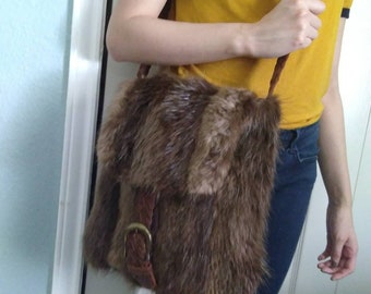 New handmade beaver fur bag with leather strap, tote bag, shoulder bag, reclaim fur, reclaim leather, gift idea, made in USA