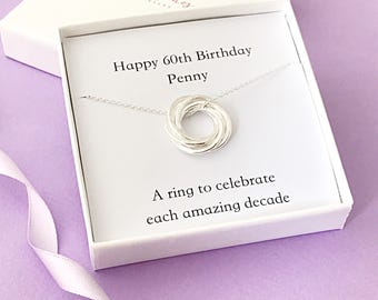 Personalised 60th Birthday Necklace - gift for 60th - 60th necklace - necklace with 6 rings- russian rings