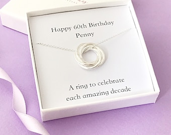 Personalised 60th Birthday Necklace - gift for 60th - 60th necklace - necklace with 6 rings- russian rings