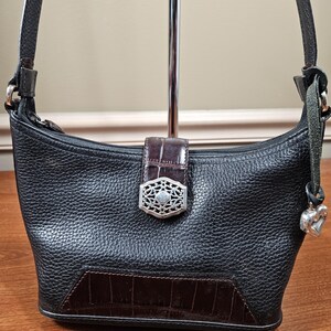 Brighton Small Black Leather Brown Croc Trim Silver Tone Hardware Shoulder Bag image 2