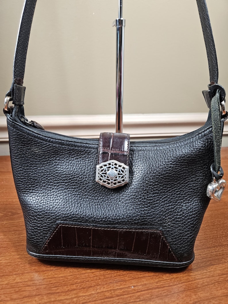 Brighton Small Black Leather Brown Croc Trim Silver Tone Hardware Shoulder Bag image 2