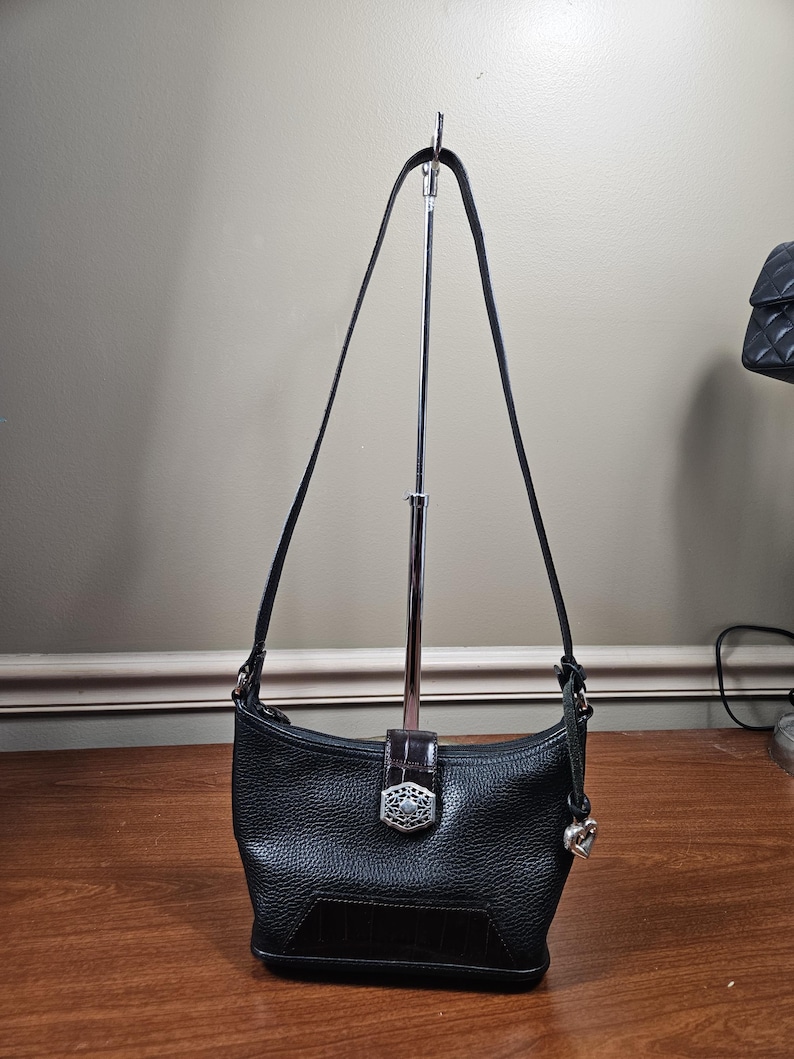 Brighton Small Black Leather Brown Croc Trim Silver Tone Hardware Shoulder Bag image 10