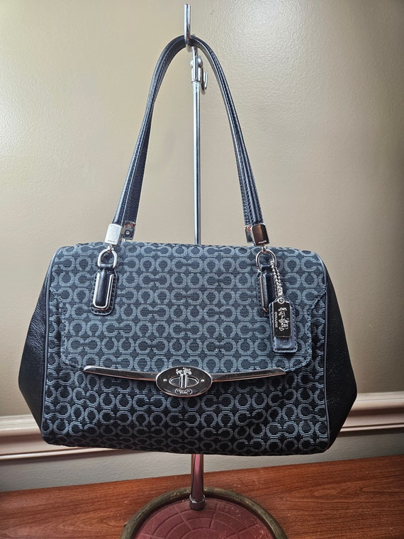 Auth Madison Op Art Grey and Black Leather Trim Ha
