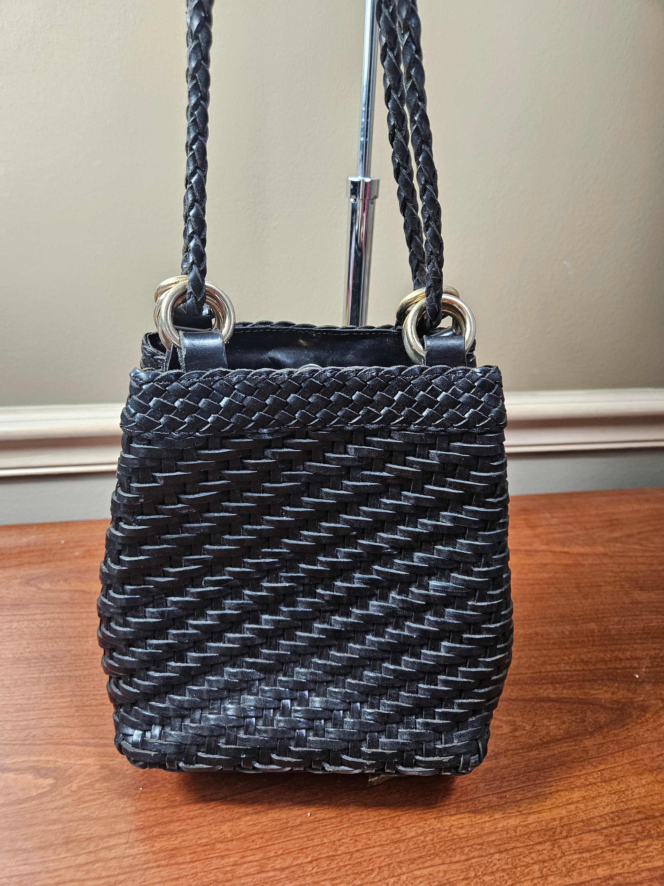 L.J.S Collection Black Leather Woven Crossbody Shoulder Bag