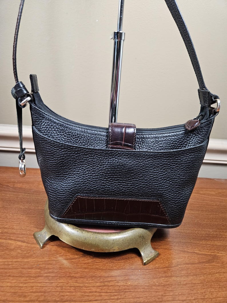 Brighton Small Black Leather Brown Croc Trim Silver Tone Hardware Shoulder Bag image 3
