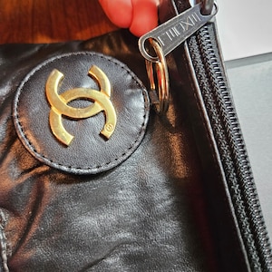 Vintage Chanel Round Vanity Bag Beige and Black Patent Leather