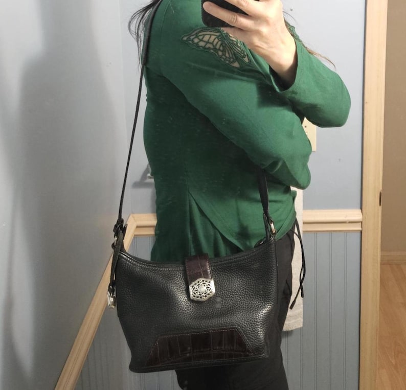 Brighton Small Black Leather Brown Croc Trim Silver Tone Hardware Shoulder Bag image 1