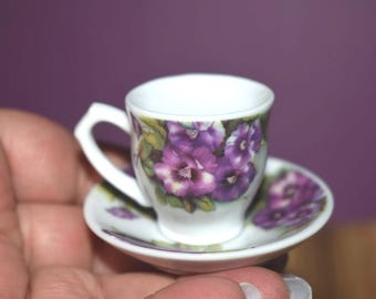 Vintage Bone China Miniature Tea Cup and Saucer w/Stand - Pansy Pattern