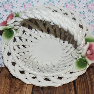 Vintage Mid Century (60&#39;s) LANZARIN Porcelain Basket Handmade in Italy - Pink Roses - Woven Basket