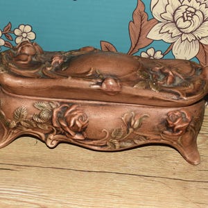 Vintage Casket Jewelry Box - Ceramic ROSE/Floral Pottery - Art Nouveau Style