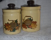 Vintage Metal Kitchen Canisters - Set of 2 - Coffee Grinder and Teapot Decals - Plastic Lids