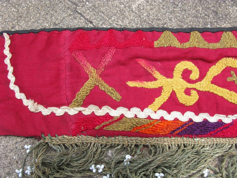 early 20thC suzani work red Antique Lakai embroidery segosh with glass beads Uzbekistan