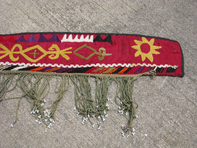 early 20thC suzani work red Antique Lakai embroidery segosh with glass beads Uzbekistan