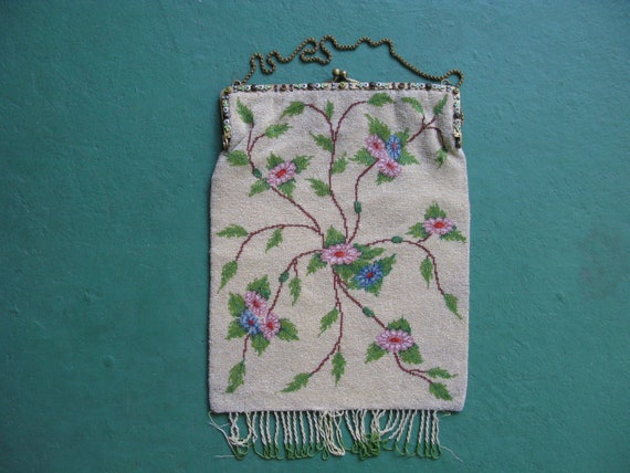 Antique French beaded purse hand woven crochet not