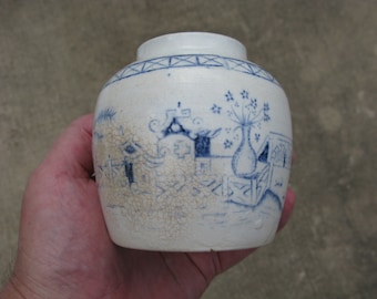 Antique English glazed pottery ginger jar blue & white Japonisme Japonesque 4x4