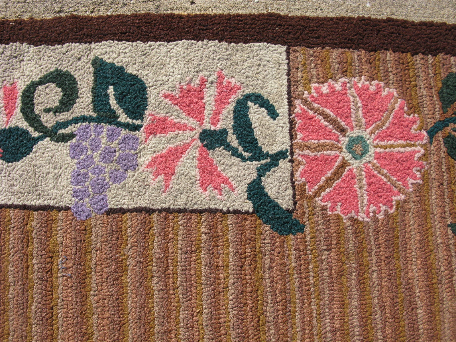 Semi-antique American Hooked Rug Hand Woven Cloth Strips on Burlap Ca ...