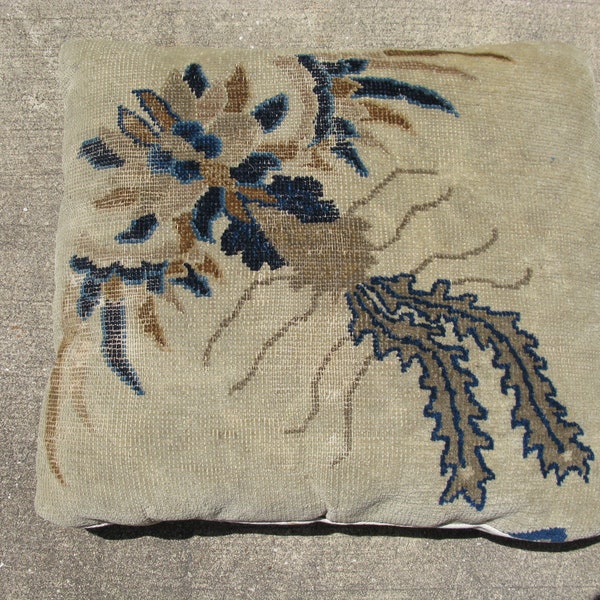 pillow from an antique Chinese Peking rug 17x19 inch beige blue phoenix #5079