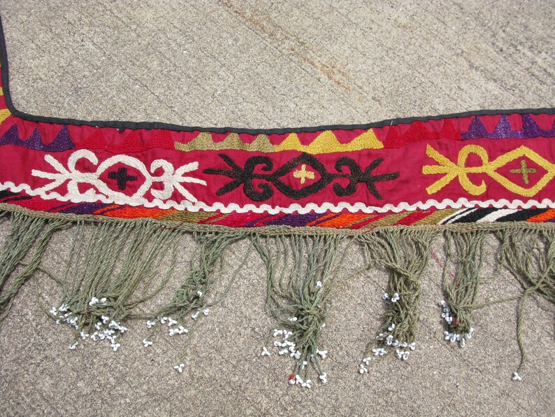 early 20thC suzani work red Antique Lakai embroidery segosh with glass beads Uzbekistan