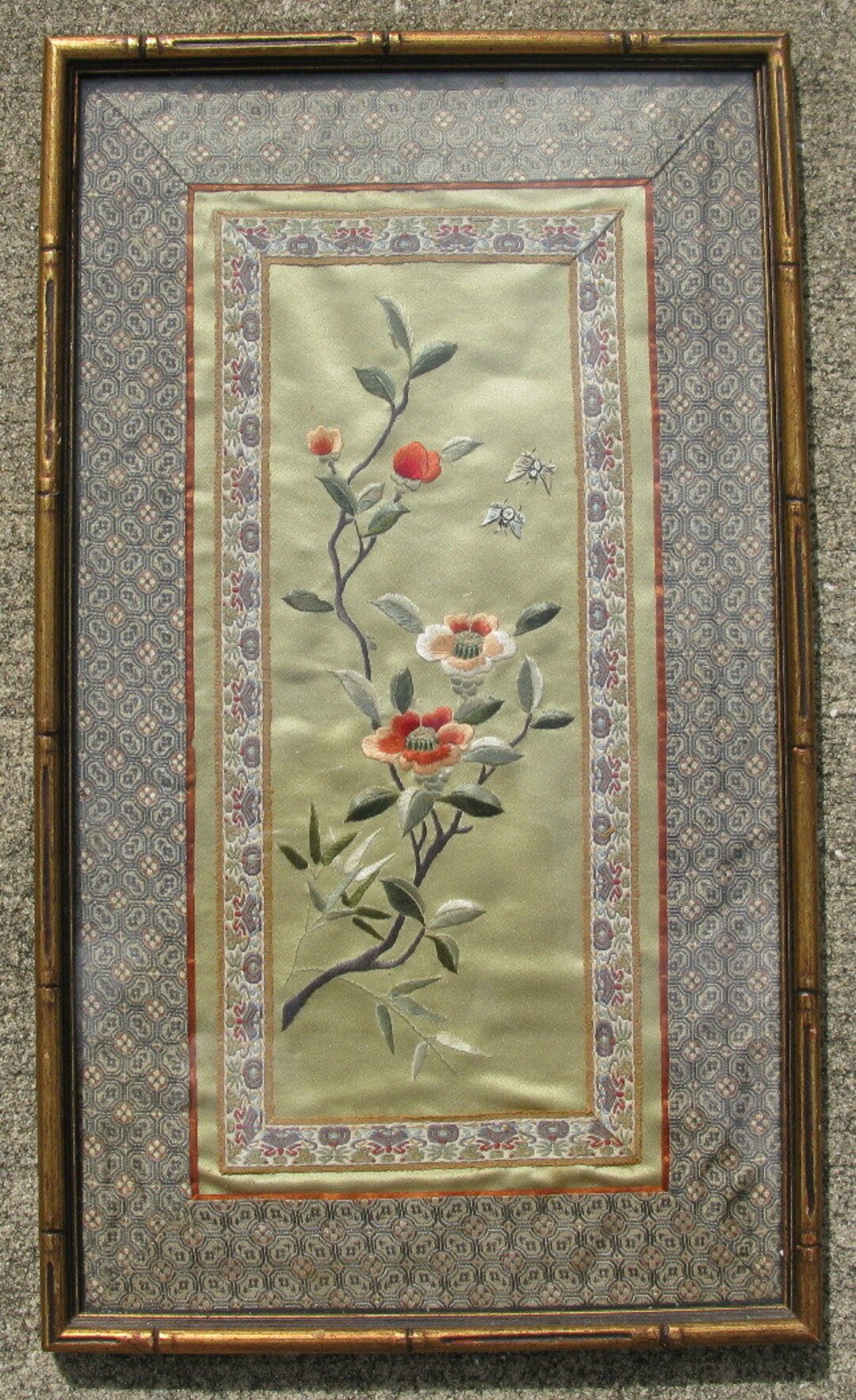 Vintage Chinese Silk Embroidery Framed Green Orange Floral Butterflies