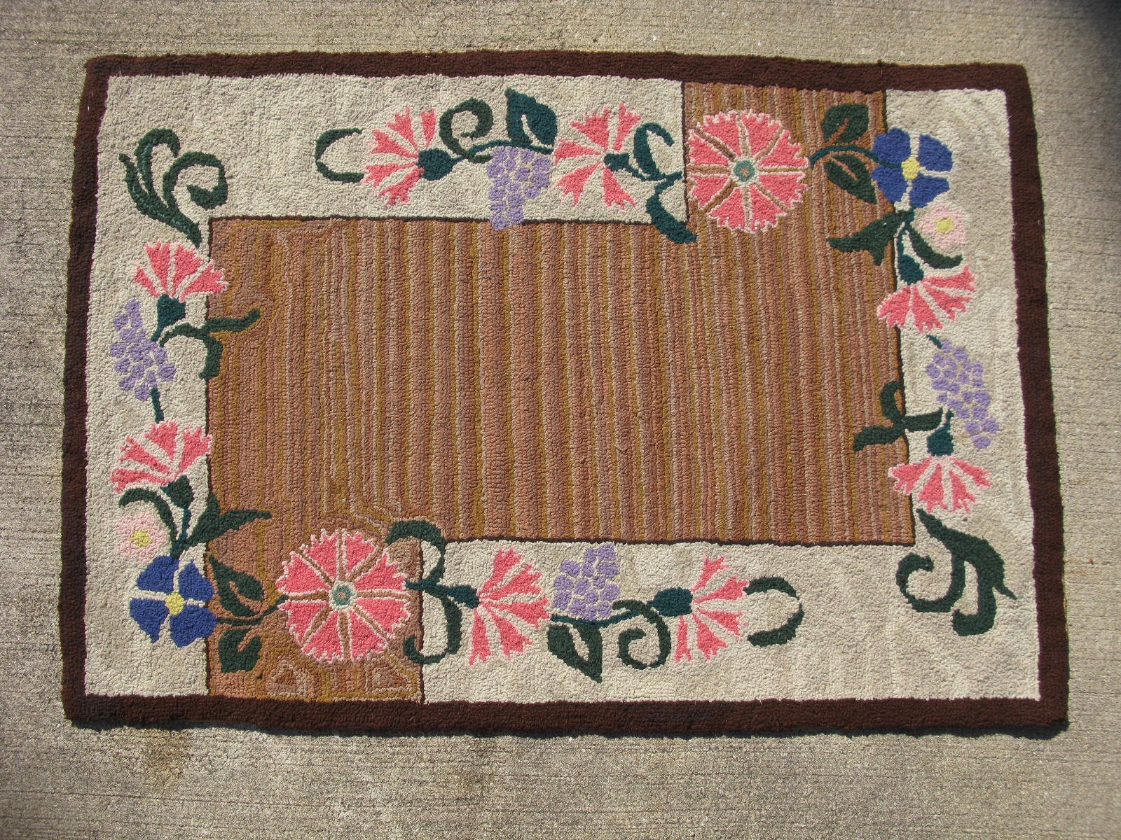 Semi-antique American Hooked Rug Hand Woven Cloth Strips on Burlap Ca ...