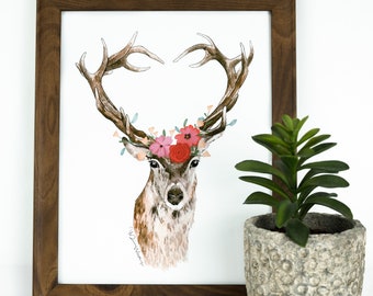 Deer, Antlers, Digital Art Print, Floral, Kitchen Art, Wall Art, Home Decor, Original Watercolor Painting, Antlers, Forest, Animal,