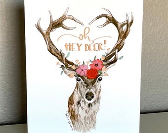 Greeting Card, Funny Stationary, Animal Watercolor, Antlers, Floral, ‘Oh Hey Deer’, Forest Cards, Art Print, Set of 3, Writing