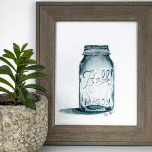 Mason Jar Watercolor Art Print, Wall Art, Home Decor, Kitchen, Original Painting, Artwork, Ball Art, Glass Jar, Canning