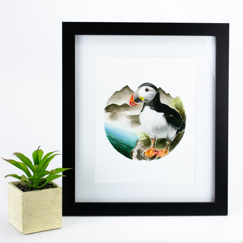 Wall art home decor, original watercolor painting, puffin illustration print kitchen, living room, laundry room, office animal print image 1