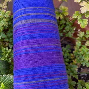 K&ouml;nnte beinhalten: Nahaufnahme einer Garnspule mit horizontalen Streifen in Blau, Lila und Grau. Das Garn ist fest gewickelt und die Farben verschmelzen. Die Spule ist von gr&uuml;nen Pflanzen umgeben.