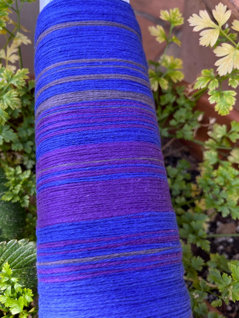 K&ouml;nnte beinhalten: Nahaufnahme einer Garnspule mit horizontalen Streifen in Blau, Lila und Grau. Das Garn ist fest gewickelt und die Farben verschmelzen. Die Spule ist von gr&uuml;nen Pflanzen umgeben.