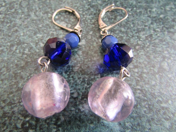 Vintage Silver Tone Lavender Pink & Deep Blue / P… - image 1