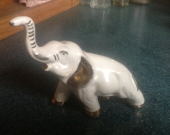 Vintage White Porcelain Elephant Figurine w/ Gold Leaf Details