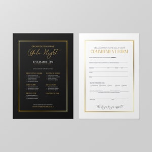 May include: A black and gold invitation for a gala night on June 29, 2024 at 7 PM. The invitation includes sponsorship opportunities with different levels and corresponding amounts. The back of the invitation is a commitment form with a section for contact information and sponsorship level selection.