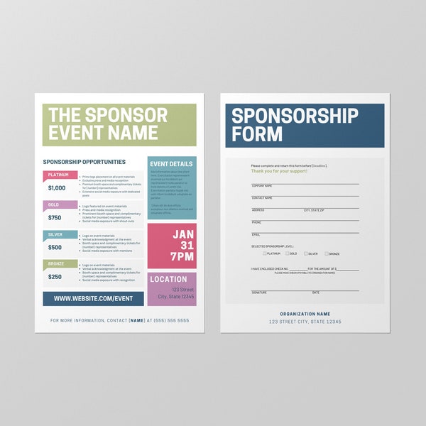 Event Sponsorship Levels Template Packet |  Fundraiser Sponsorship Levels and Benefits | Business Sponsor | Event Sponsorship Menu and Form