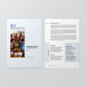 May include: A fundraising strategic plan for 2024 for an organisation that empowers individuals and communities to reach their full potential. The plan outlines the organisation's mission, vision, and core values, including empowerment, collaboration, and community engagement.