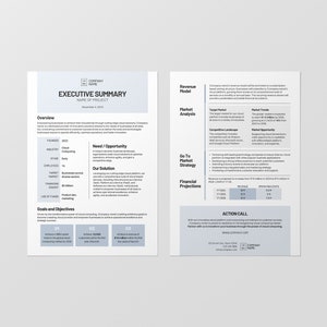 以下が含まれることがあります： 青とグレーのカラーテーマで構成された2ページの経営概要文書。この文書には、概要、目標と目的、収益モデル、市場分析、市場投入戦略、財務予測、行動喚起が含まれています。この文書のタイトルは「経営概要」で、プロジェクト名が記載されています。