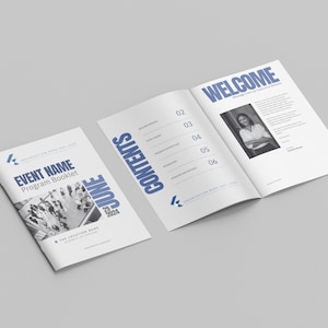 Op de afbeelding: Een programmaboekje voor een evenement genaamd "EVENT NAME" dat plaatsvindt op 29 juni 2024. Het boekje bevat een welkomstboodschap van de directeur en een inhoudsopgave.