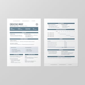 Peut inclure: Un document gris et blanc avec le titre "Creative Brief" et le texte "Project Brief Title" (The Project Name). Le document comprend des sections pour l'objectif principal, les objectifs secondaires, le public cible, les données démographiques, les psychographiques, les messages clés, les messages de soutien, le ton et le style, les livrables, le calendrier et les jalons, le budget, les approbations et les notes supplémentaires.
