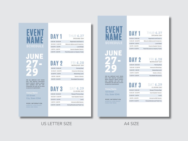 May include: A blue and white event schedule for June 27-29. The schedule includes a list of events for each day, including opening day, workshop day, and closing day. The event name is not included in the image.