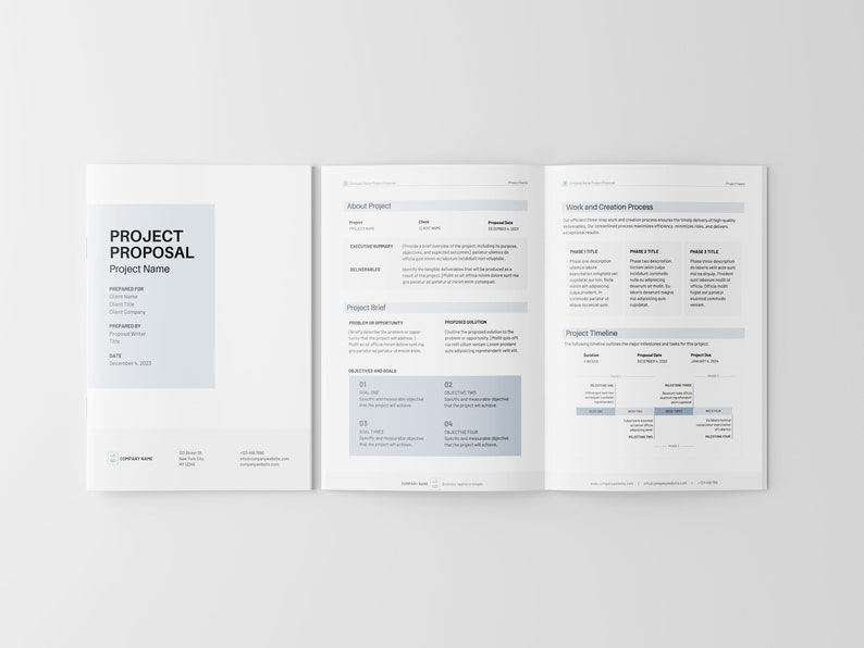 May include: A project proposal template with a gray and white color scheme. The document includes sections for project details, objectives, and a timeline.