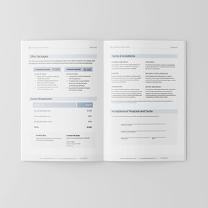 Puede incluir: Un documento de dos p&aacute;ginas. La p&aacute;gina izquierda tiene una secci&oacute;n titulada "Paquetes de oferta" con dos opciones: "Paquete est&aacute;ndar" y "Paquete premium". La p&aacute;gina derecha tiene una secci&oacute;n titulada "T&eacute;rminos y condiciones" con subt&iacute;tulos como "Acuerdo de licencia", "Derechos de autor" y "Soporte". El documento tambi&eacute;n incluye una secci&oacute;n titulada "Aceptaci&oacute;n de la propuesta y la cotizaci&oacute;n" con campos para el nombre, la empresa y la firma.