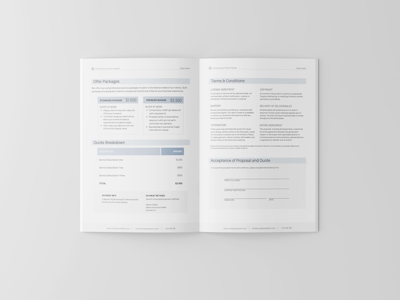 Puede incluir: Un documento de dos p&aacute;ginas. La p&aacute;gina izquierda tiene una secci&oacute;n titulada "Paquetes de oferta" con dos opciones: "Paquete est&aacute;ndar" y "Paquete premium". La p&aacute;gina derecha tiene una secci&oacute;n titulada "T&eacute;rminos y condiciones" con subt&iacute;tulos como "Acuerdo de licencia", "Derechos de autor" y "Soporte". El documento tambi&eacute;n incluye una secci&oacute;n titulada "Aceptaci&oacute;n de la propuesta y la cotizaci&oacute;n" con campos para el nombre, la empresa y la firma.