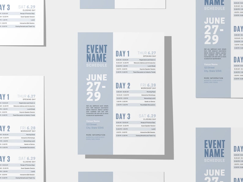 May include: A light blue event schedule flyer with the text "EVENT NAME SCHEDULE" and "JUNE 27-29". The flyer lists the schedule for each day of the event, including the date, day of the week, and a list of activities. The venue name, address, and contact information are also included.