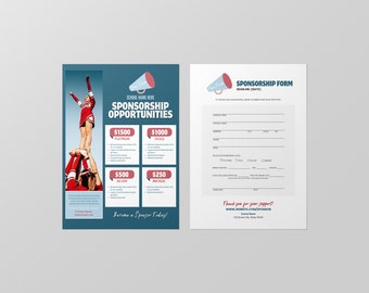 Plantilla de paquete de patrocinio de porristas / Plantilla personalizable y editable de dos páginas, formulario incluido / Plantilla de Canva