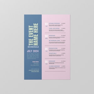 Puede incluir: Un programa de eventos azul claro y rosa para julio de 2024. El programa incluye una lista de eventos, horarios y fechas. El nombre del evento es "The Event Name Here".