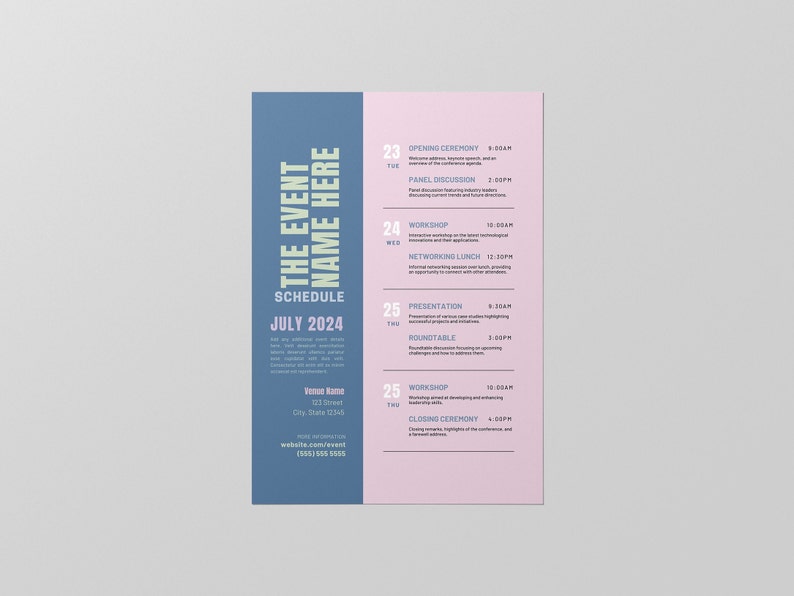 Puede incluir: Un programa de eventos azul claro y rosa para julio de 2024. El programa incluye una lista de eventos, horarios y fechas. El nombre del evento es "The Event Name Here".