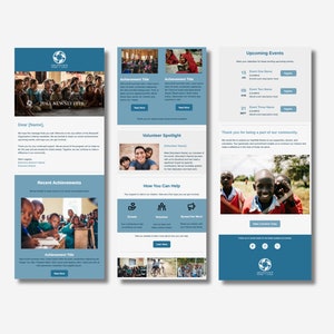 May include: A newsletter for a non-profit organization with a blue background and a logo of a globe with a heart inside. The newsletter features a recent achievements section with a photo of children in a classroom, a volunteer spotlight section with a photo of a volunteer with children, and an upcoming events section with a list of events.